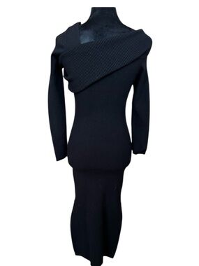 Line and Dot Black One Shoulder Knit Midi Dress Sml Fitted Asymmetrical Foldover